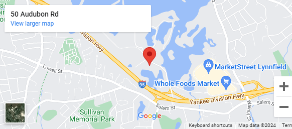 Map showing directions to Aftermath Mental Health Facility, 50d Audubon Road, Wakefield, MA.